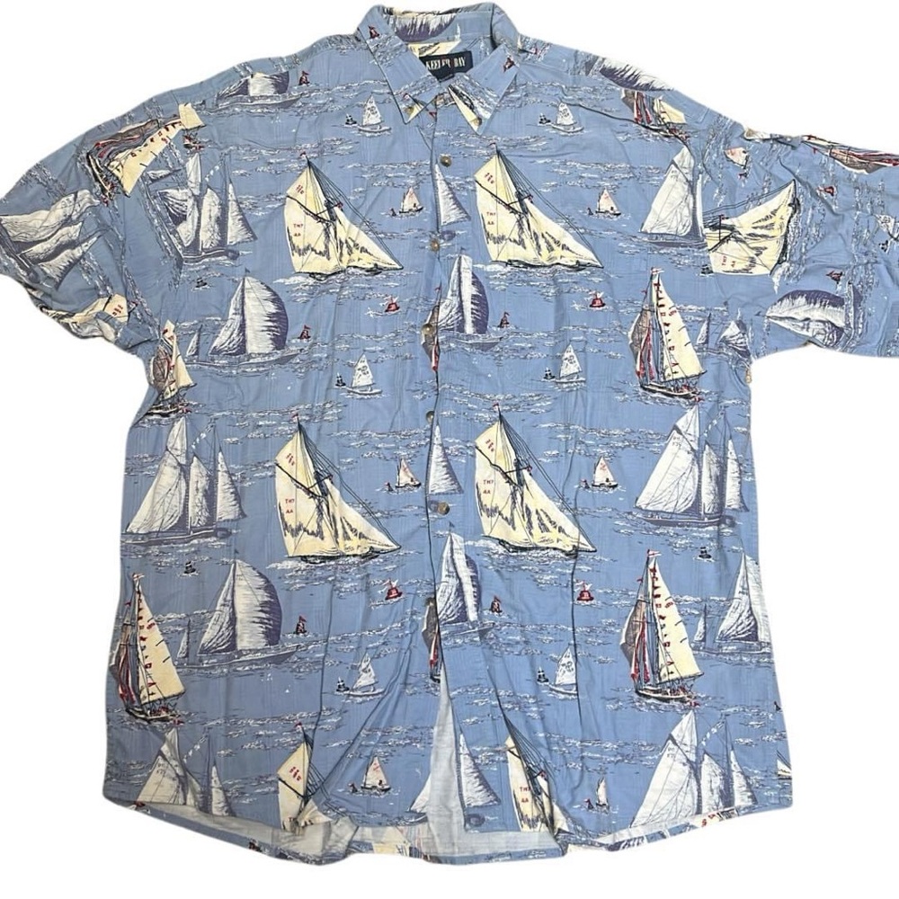Keeler Bay XL Nautical Print Sail Boats Button Front Pocket Collar Short Sleeve
